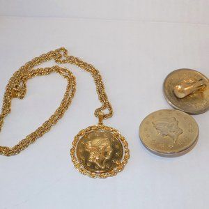 2 PC Vintage Oversized Bicentennial Gold Coin Necklace & Earrings